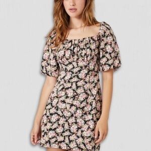 Forever 21 Floral Puff Sleeve Mini Dress Lace Up Black Pink S